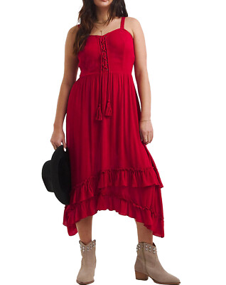 Joe Browns BoHo MIDI Dress Red Crinkle Lace Up Cami Ruffle Sizes 16 22 26  30 32 UK