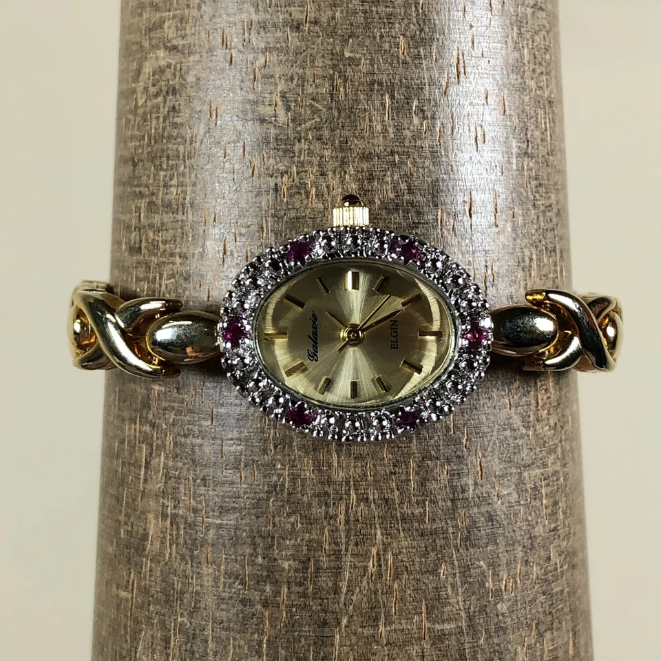 Reloj De Colección Elgin Galaxie Mujer GA1000 Vestido Bisel Diamante Cuarzo Ovalado 18mm 6 1/4" Foto 2 de 4