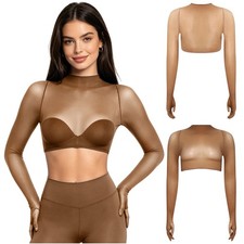 US Women Sports Fitness O Neck Oil Shiny Transparent T-shirts Cropped Mesh Tops