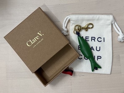 Clare V Wooden Green Sardine Keychain Key Fob Bag Charm with Pouch and Gift Box
