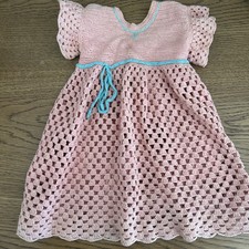 Vintage Hand Crochet Baby Dress 3 Months coral And Aqua