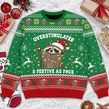 Raccoon Festive AF Ugly Christmas Sweater Funny Swear Adult Party Jumper Green