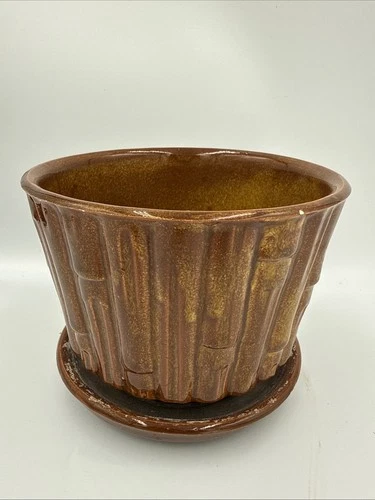 Vintage McCoy #0373 Brown Glaze Bamboo Planter Pot With Attached Saucer
