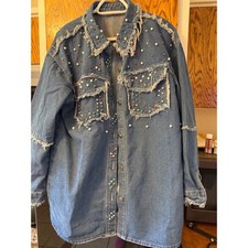 Womens Denim Jacket Embellished Rhinestones Studs Distressed Frayed Oversized