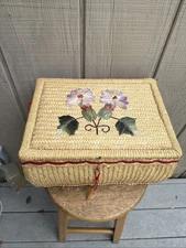 Vintage Sewing Basket 1960's Wicker Weave Purple Flower Floral Red Insert Rare