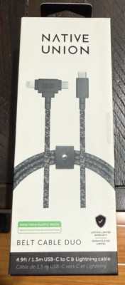Native Union Belt Cable Duo 5ft Cable 60W USB-C to C & LIGHTN-ING TO USB-C - NEW