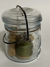 Vintage Sewing Kit Jar 3 Wood Spools of Thread  1 Empty Wooden Needle Container