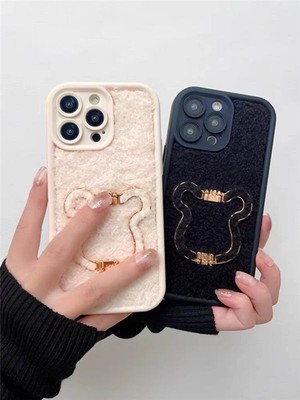 Winter Warm Wool Fluff Soft Cover Case For iPhone 14 15 Pro Max Bear Kickstand