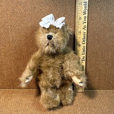 Vintage Miniature Jointed Teddy Bear with Bow Brown Adorable Fuzzy Bear