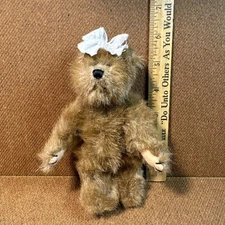 Vintage Miniature Jointed Teddy Bear with Bow Brown Adorable Fuzzy Bear