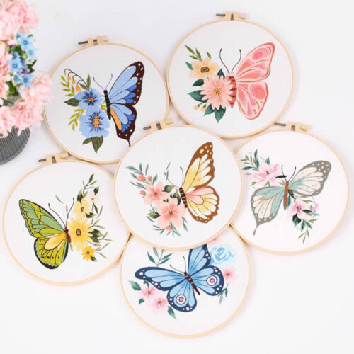 Embroidery Cross Stitch Kits Butterfly Floral Pattern Bamboo Hoop DIY Handmade - Photo 1 sur 16