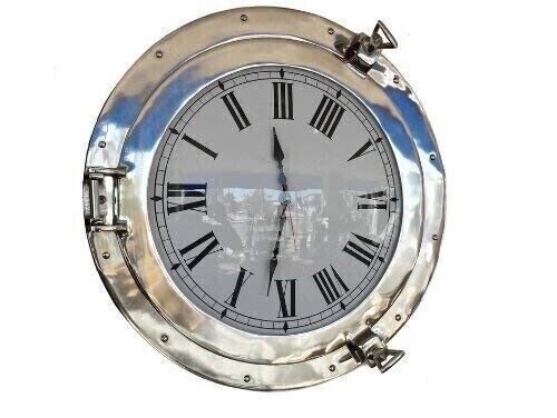 Antique Shiny Nickel Finish Ship Porthole Clock Beach Style Wall Clock Nautical