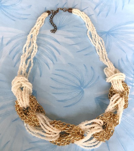 Vintage White Seed Bead Multi Strand Necklace Gold Tone Chain