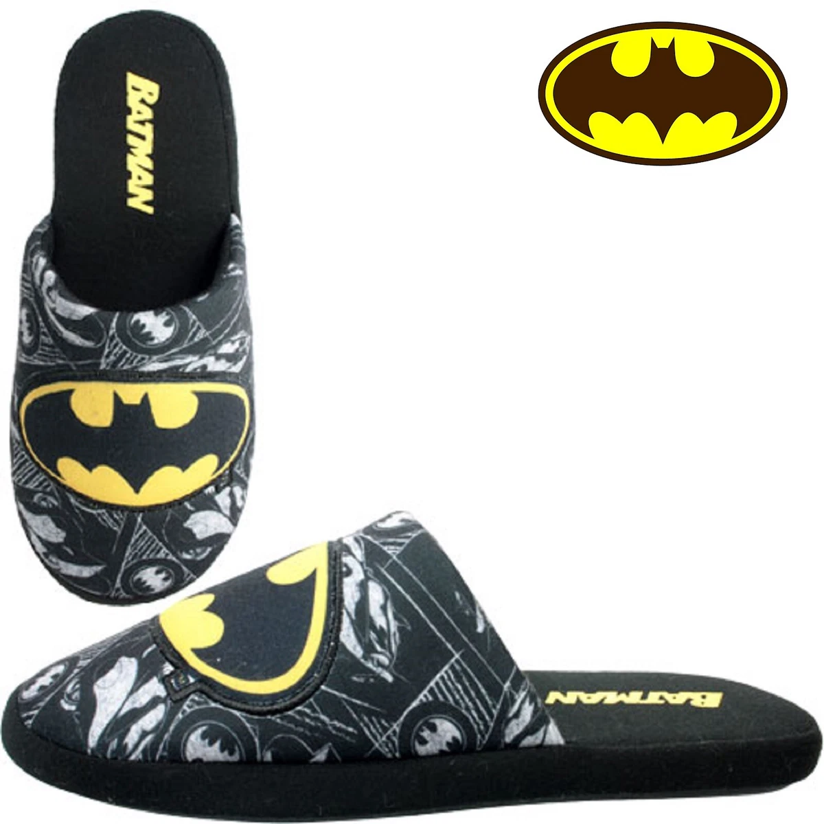 BATMAN MENS SLIPPERS BLACK COMFY PADDED NOVELTY MULE SLIPPERS UK SIZE 7 12
