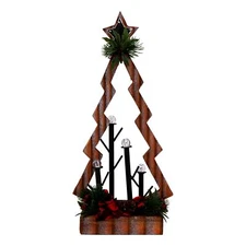 Tabletop LED Battery Operated Light Up Wooden Christmas Tree 17 Inch Plaid