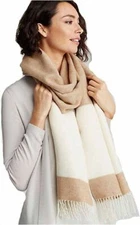 EILEEN FISHER ALMOND & WHITE STRIPE ITALIAN WOOL BLEND BLANKET SCARF