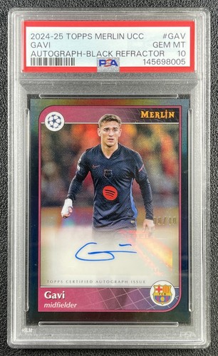 GAVI PSA 10 2024-25 TOPPS MERLIN CHROME UCC #AU-GAV BLACK REFRACTOR AUTO 8/10