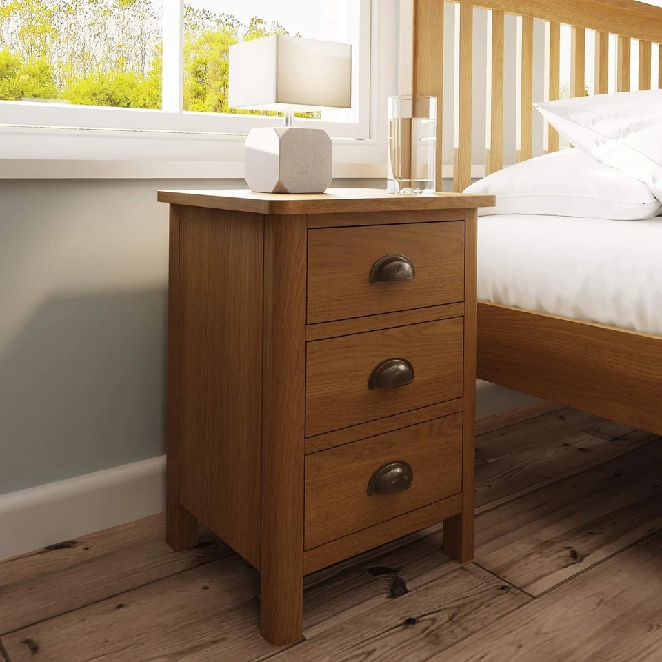 Ravendale Oak Pair of 3 Drawer Bedside Cabinet Rustic Solid Wood Bedroom Storage - Image 3 of 4