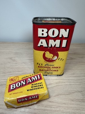 Vintage BON AMI KITCHEN BATHROOM CLEANER 1950s CHICK TIN & Unopened Cake Bar