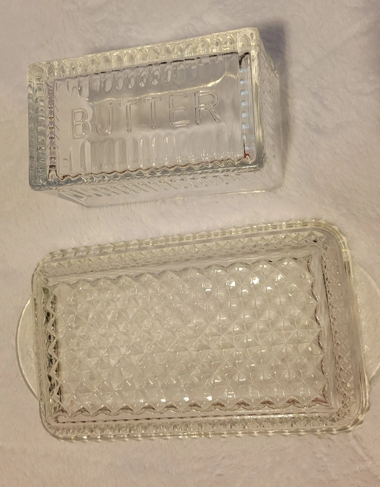 Clear Glass Butter Dish Diamond Cut Tray