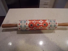 Anthropologie poppy ceramic rolling pin w/wood handles near-perfect low shipng!