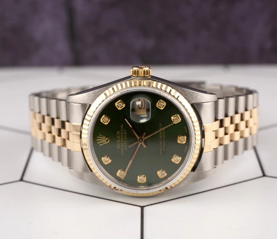 Rolex Datejust 36mm Yellow Gold Fluted Green Diamond Dial Jubilee Watch - Image 2 of 4