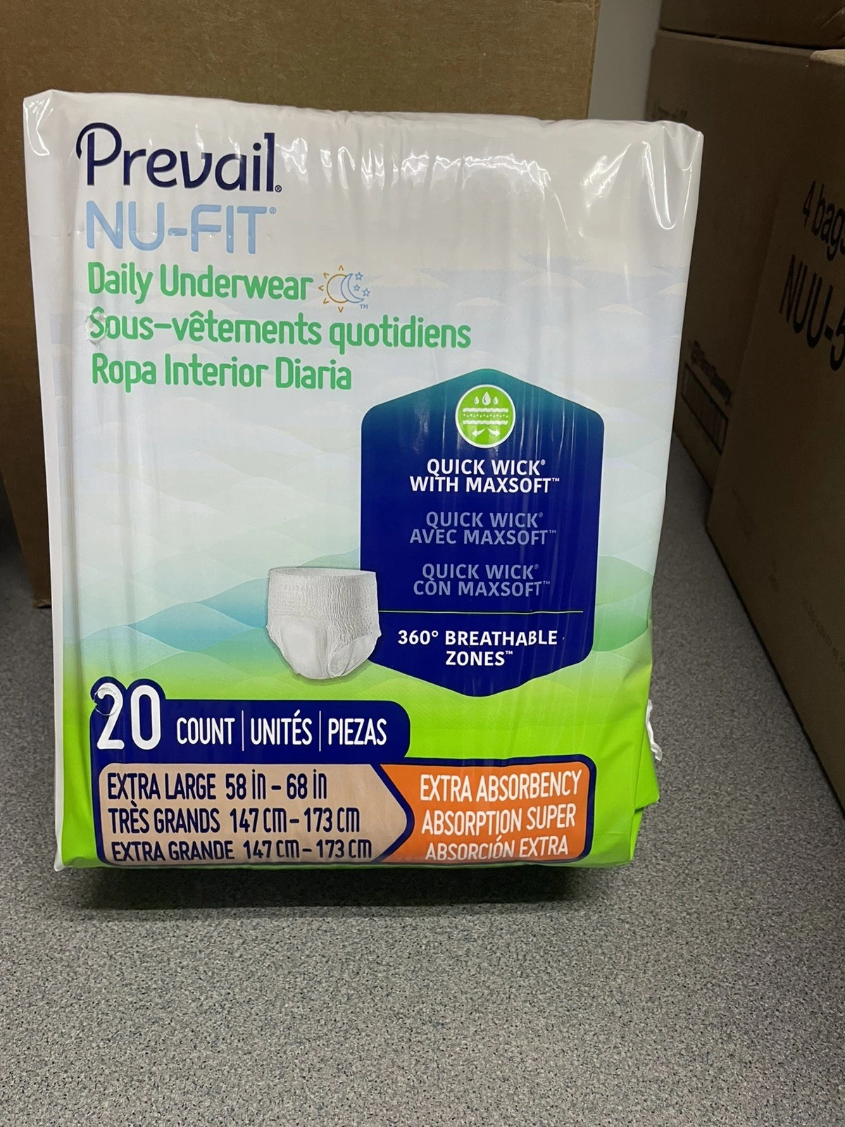 4 Pack, 80 in Total - Prevail NU-FIT Daily Underwear Diapers Extra Large NUU-514