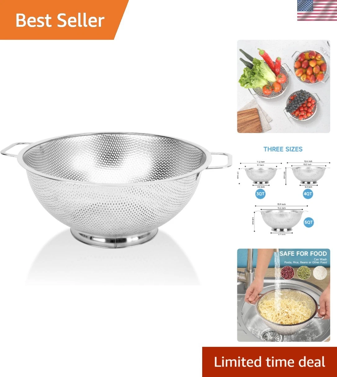 Colander for Kitchen, 3QT, Stainless Steel Colander Strainer with Handle for ...