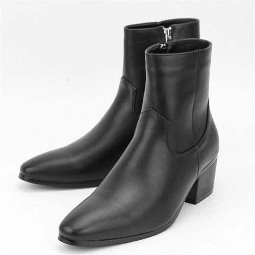 Herren seitlicher Reißverschluss Blockabsätze Chelsea Leder Schuhe spitz zulaufend hohe Oberteile schwarz Stiefel - Bild 2 von 10