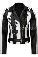Women's Stylish Biker Outfit Black And White Striped Genuine Leather Jacket