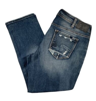 Silver Jeans Sam Boyfriend Mid Rise Curvy Destroyed Ripped Dark