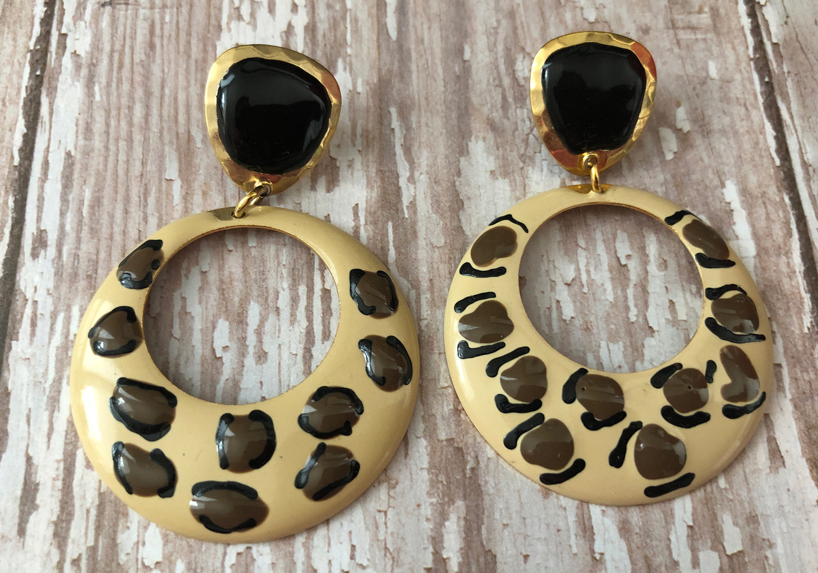 Vintage Leopard Painted Drop Dangle Earrings Larg… - image 3
