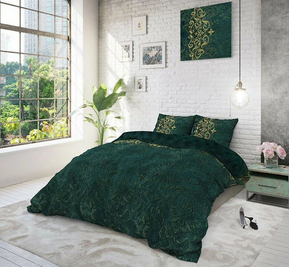 Parure Lit Housse de Couette 140x220+1 Taie Oreiller Coton Mélangé Vert émeraude - Photo 3/4