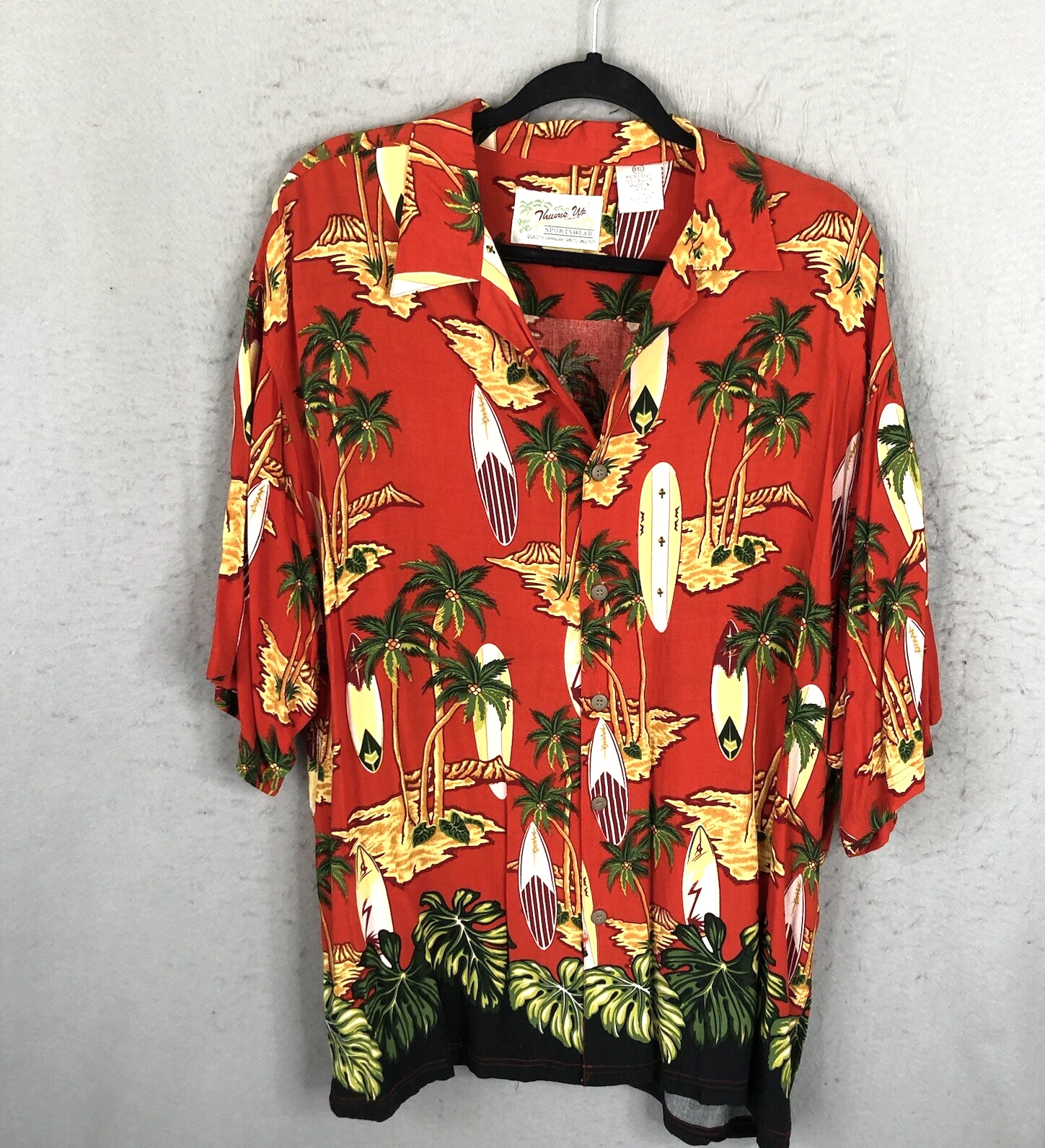Hawaiian Shirt Mens 2XL Palm Tree Surf Board Floral Resort Vacay Cruise Beach
