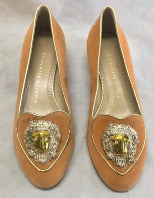 *Charlotte Olympia Marigold Zodiac Women's 36 Orange Suede Lion Flat Shoes