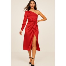 Reformation Justine 100% Silk High Slit One Shoulder Midi Dress Cherry Red 4