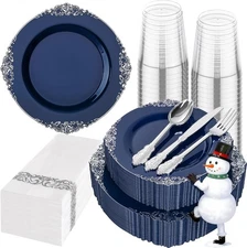 Hioasis 175pcs Blue and Silver Plastic Plates - Elegant Disposable Dinnerware Se