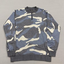 Whipper In Sweater Mens XL Blue Camo Army 1/4 Zip Mock Neck Tight Knit Pullover