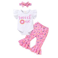 Baby Girl 1st Birthday Outfit - My First Birthday Romper  Flared Pants Swee...