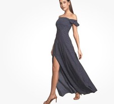 Lulu's Navy Blue Polka Dot Off the Shoulder Summer Casual Flowy Maxi Dress, Sz M