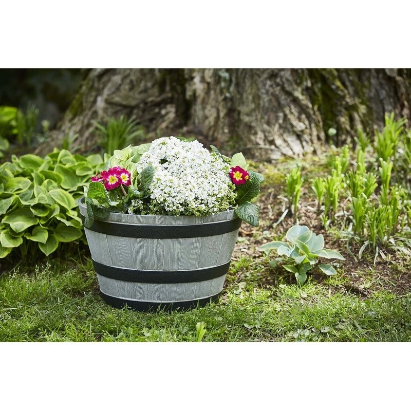 Maceta de barril de whisky de resina de 20,5 pulgadas resistente a los rayos UV maceta interior duradera Foto 3 de 4