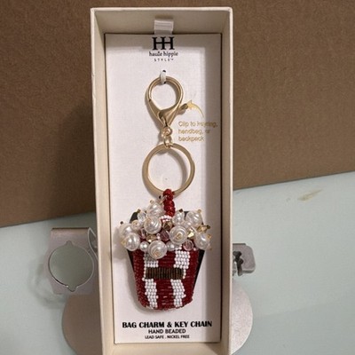 Haute Hippie Hand Beaded Floral Key Chain Bag Charm Red White Gold Bling Accents