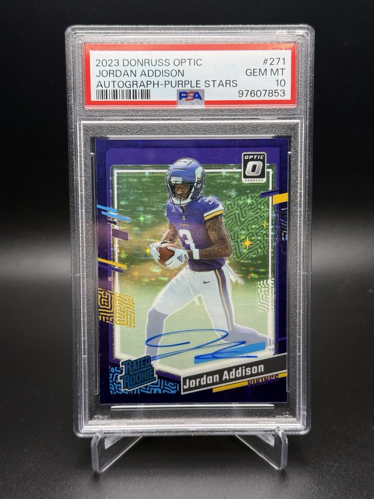2023 Optic Rated Rookie Jordan Addison Purple Stars Auto /50 PSA 10 - Vikings