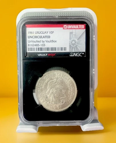 1961 Uruguay Silver 10 Pesos Uncirculated Vault Box Unvaulted NGC 10P Black Core