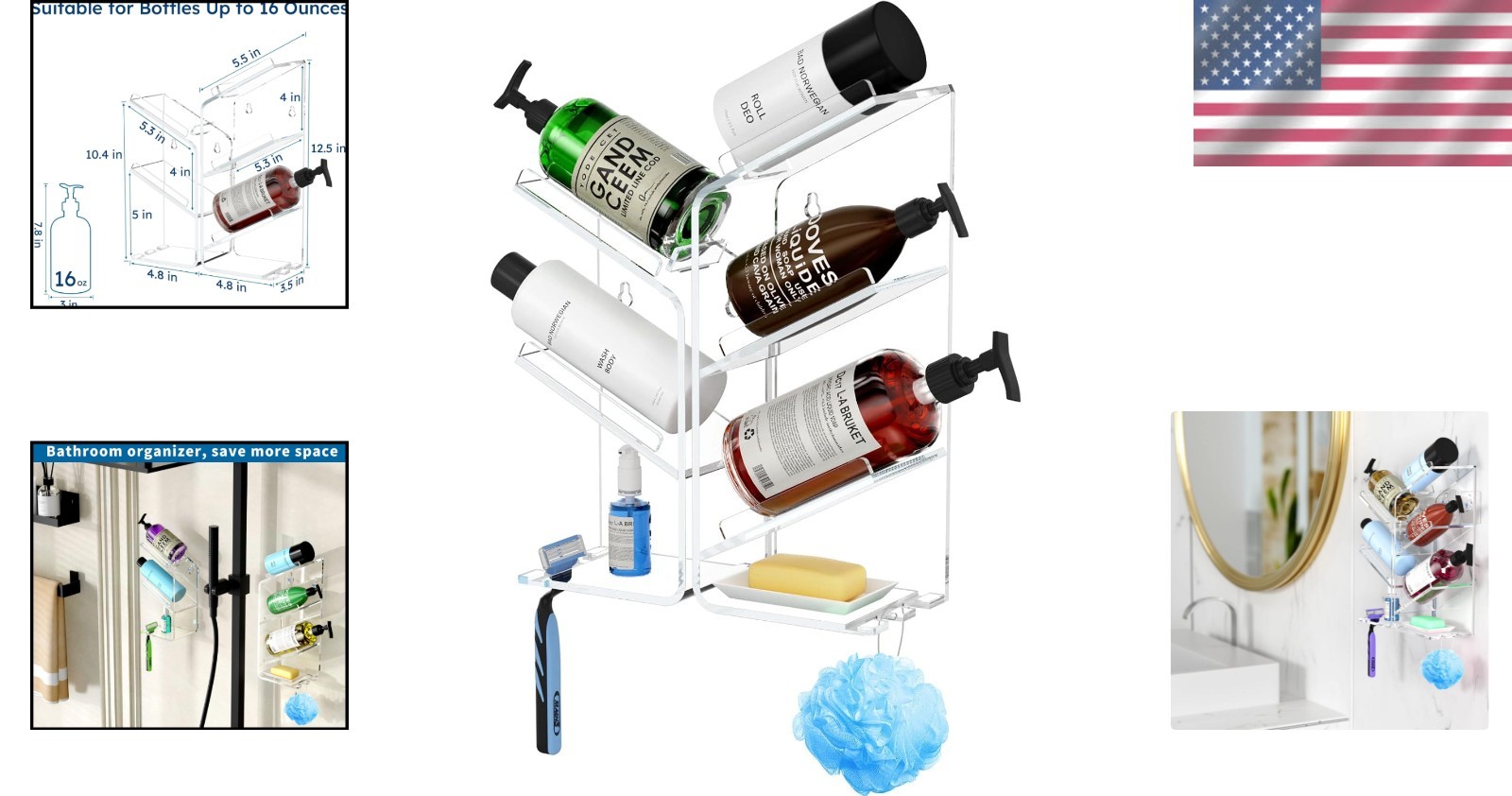 Clear Acrylic Bathroom Organizer with 6 Compartments - No Drilling Required