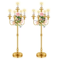 2 Pcs Gold Wedding Floor Candelabra 50 Inch Antique Candle Stand Metal 5 Arm ...
