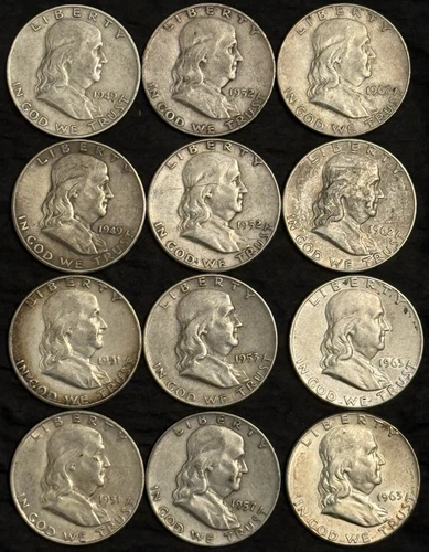 Lot of 12 Circulated 1940s-1960s Franklin Half Dollar 90% Silver Coins