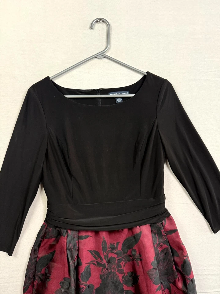 Vestido American Living Fit & Flare para mujer 10 negro rojo floral jacquard reunido Foto 4 de 4