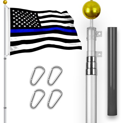 Combo: 16Ft Telescoping Flagpole Silver & Thin Blue Line Flag 3x5Ft Emb SpunPoly