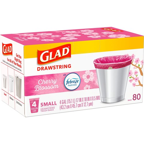 Glad 4 Gallon Small Drawstring Trash Bags, Febreze Cherry Blossom, 80